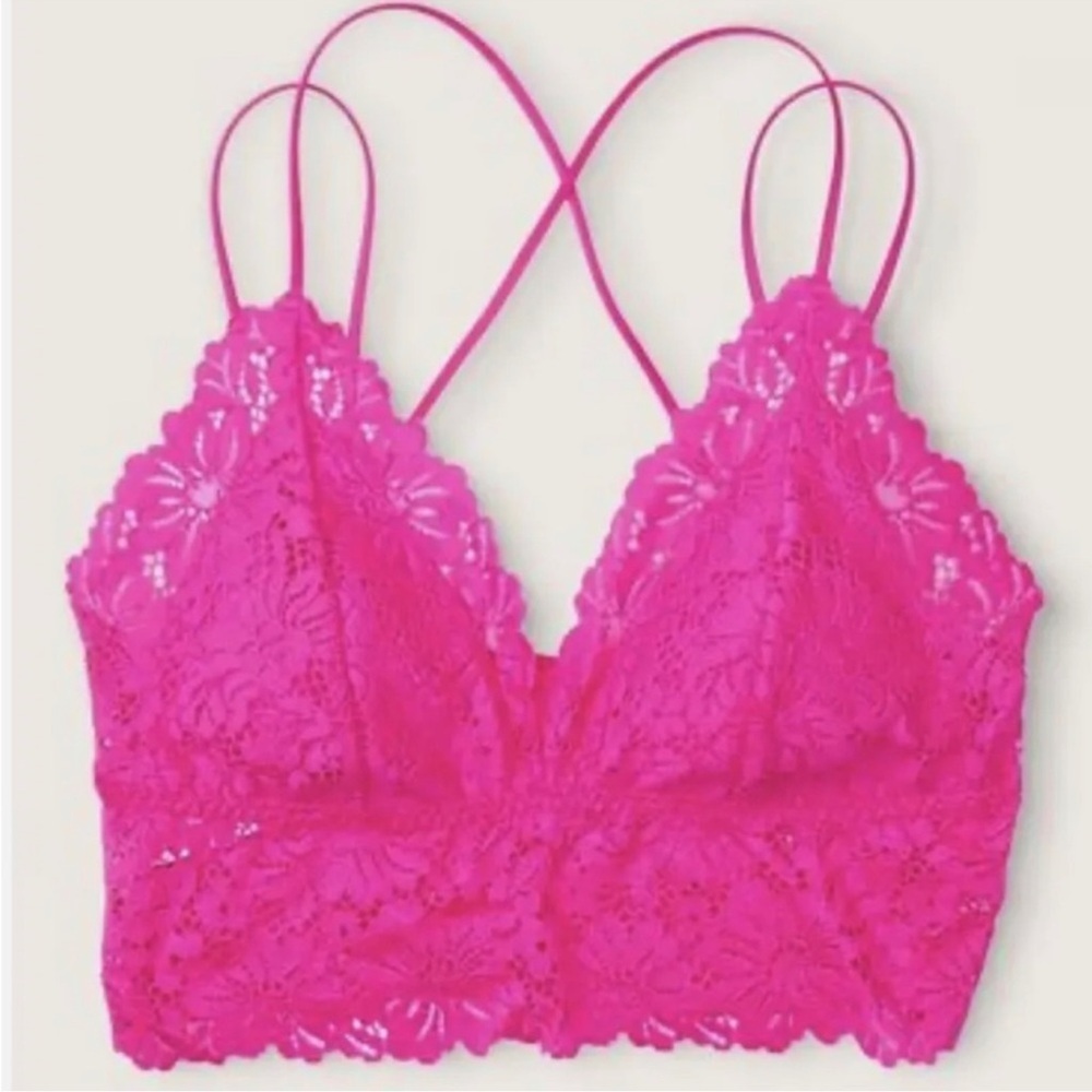 NWT Victoria’s Secret PINK Lace Strappy Back Longline Bralette Fuchsia size S-DD